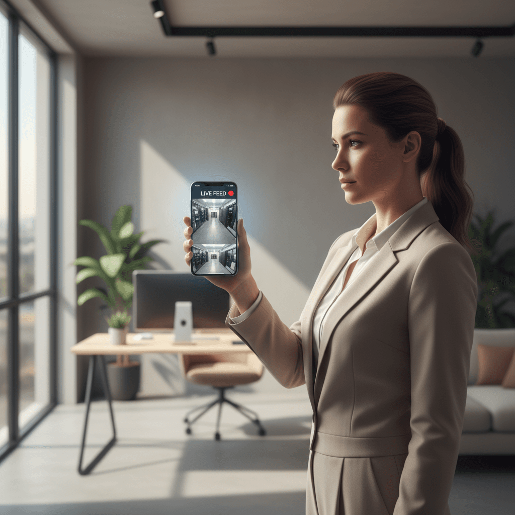 Professional viewing live security feeds on mobile device