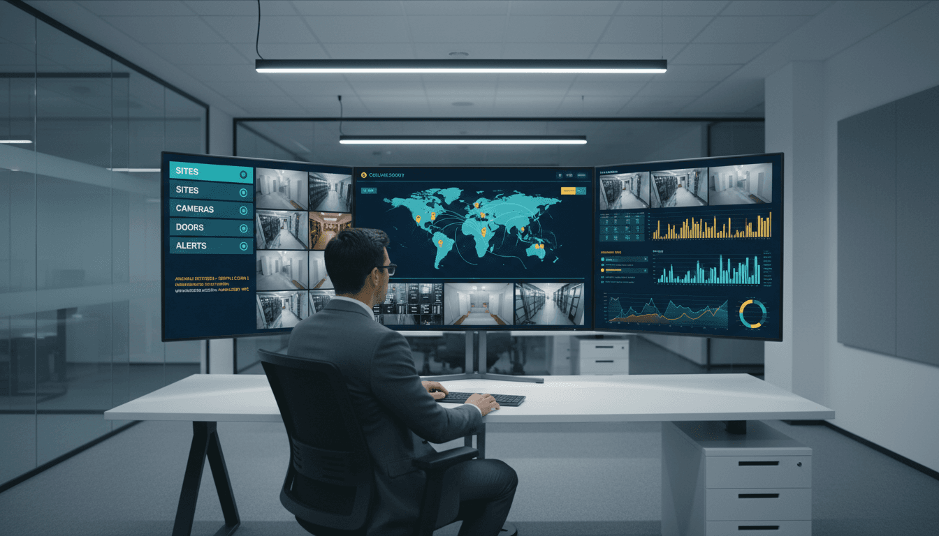 Enterprise security command center with unified UPROX-IVA dashboard monitoring multiple sites