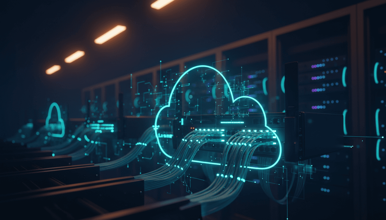 Modern server infrastructure with glowing turquoise cable connections