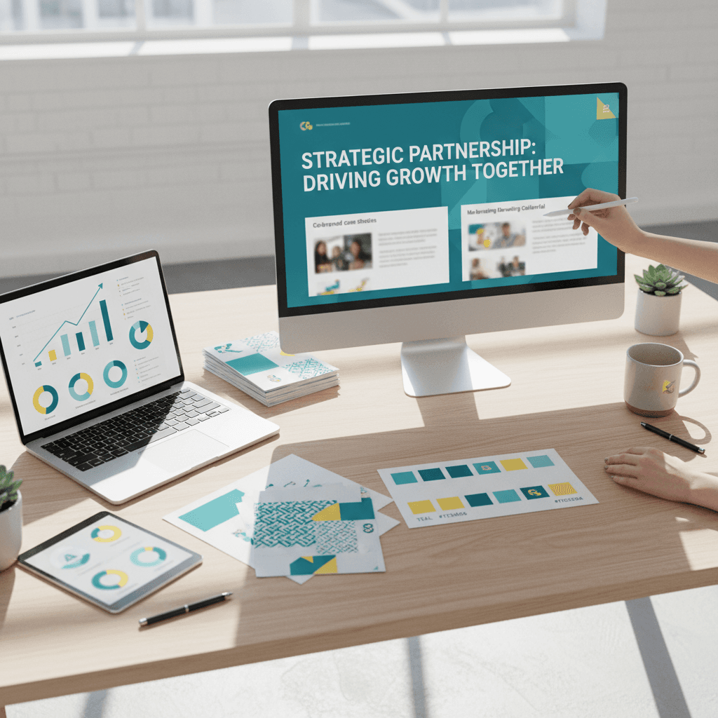 Marketing materials and case studies on desk