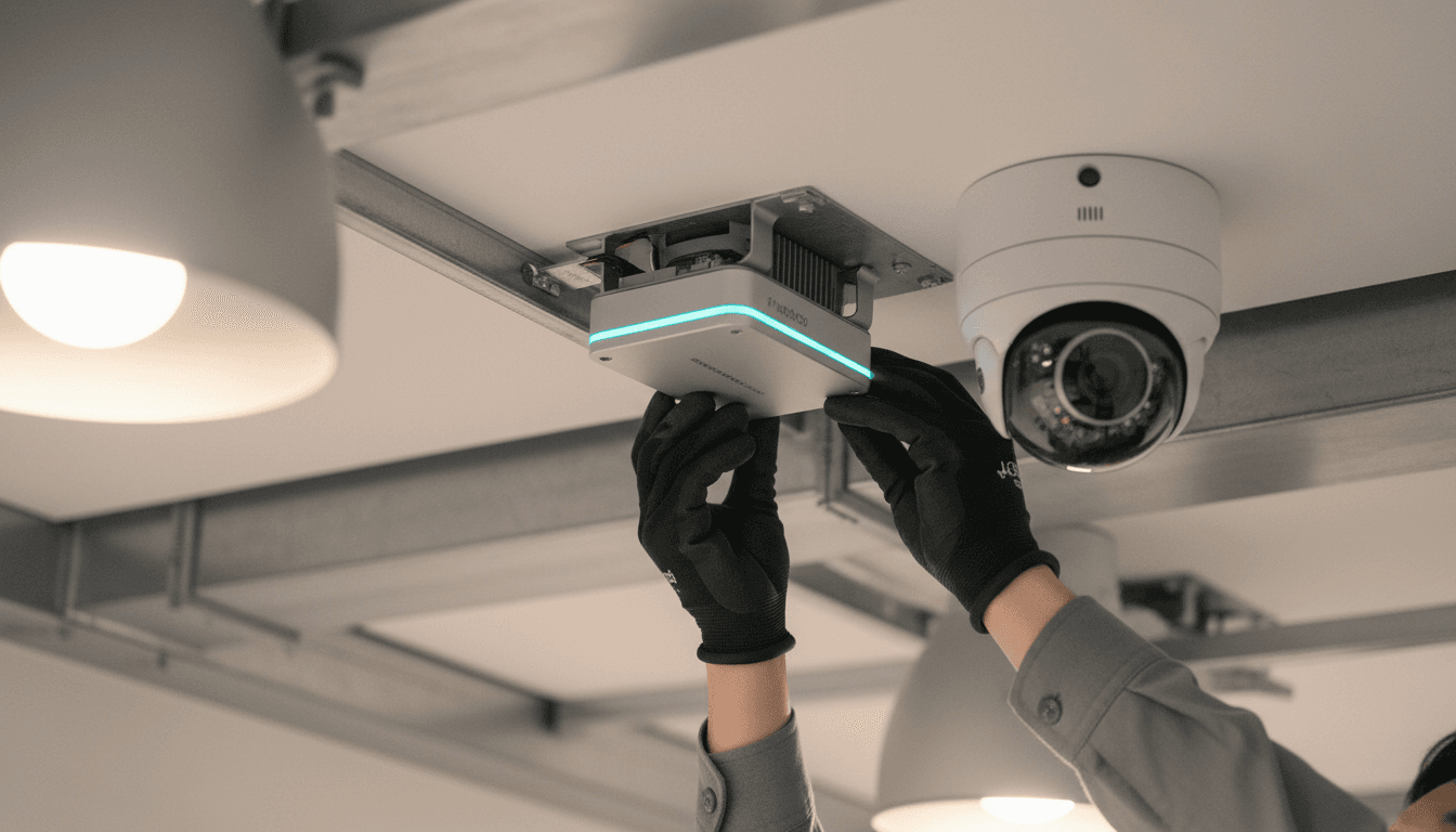 Installer connecting UPROX-IVA edge device to existing security camera